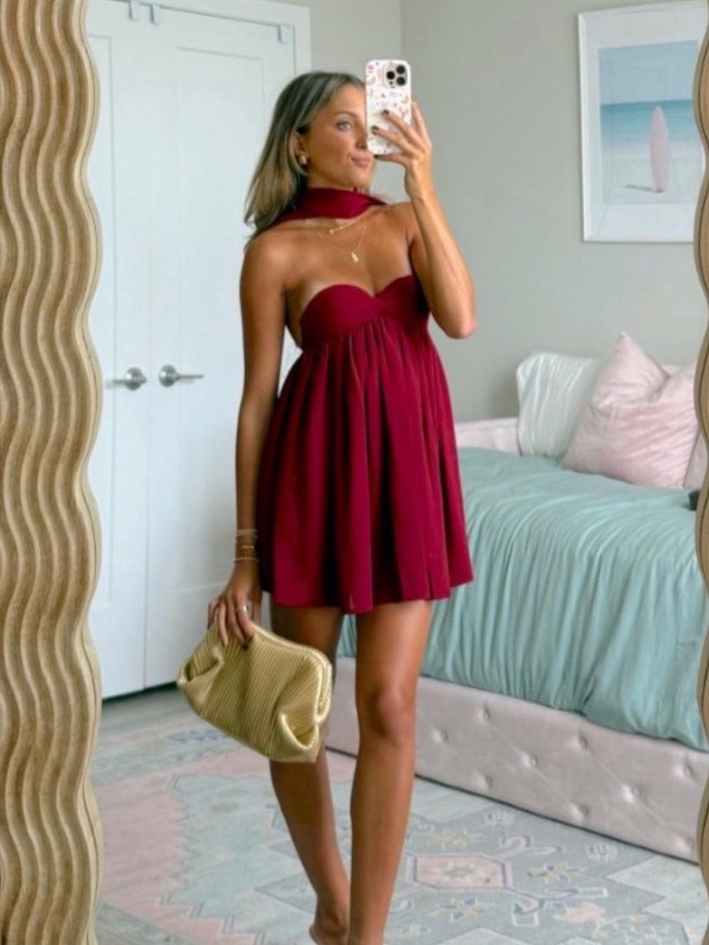 Strapless Burgundy Mini Dress with Neck Scarf